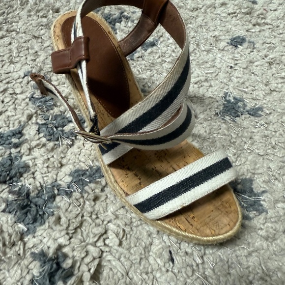 Weekend MaxMara Striped Black White Canvas Leather Espadrille Wedge Sandals 37 - Picture 7 of 8